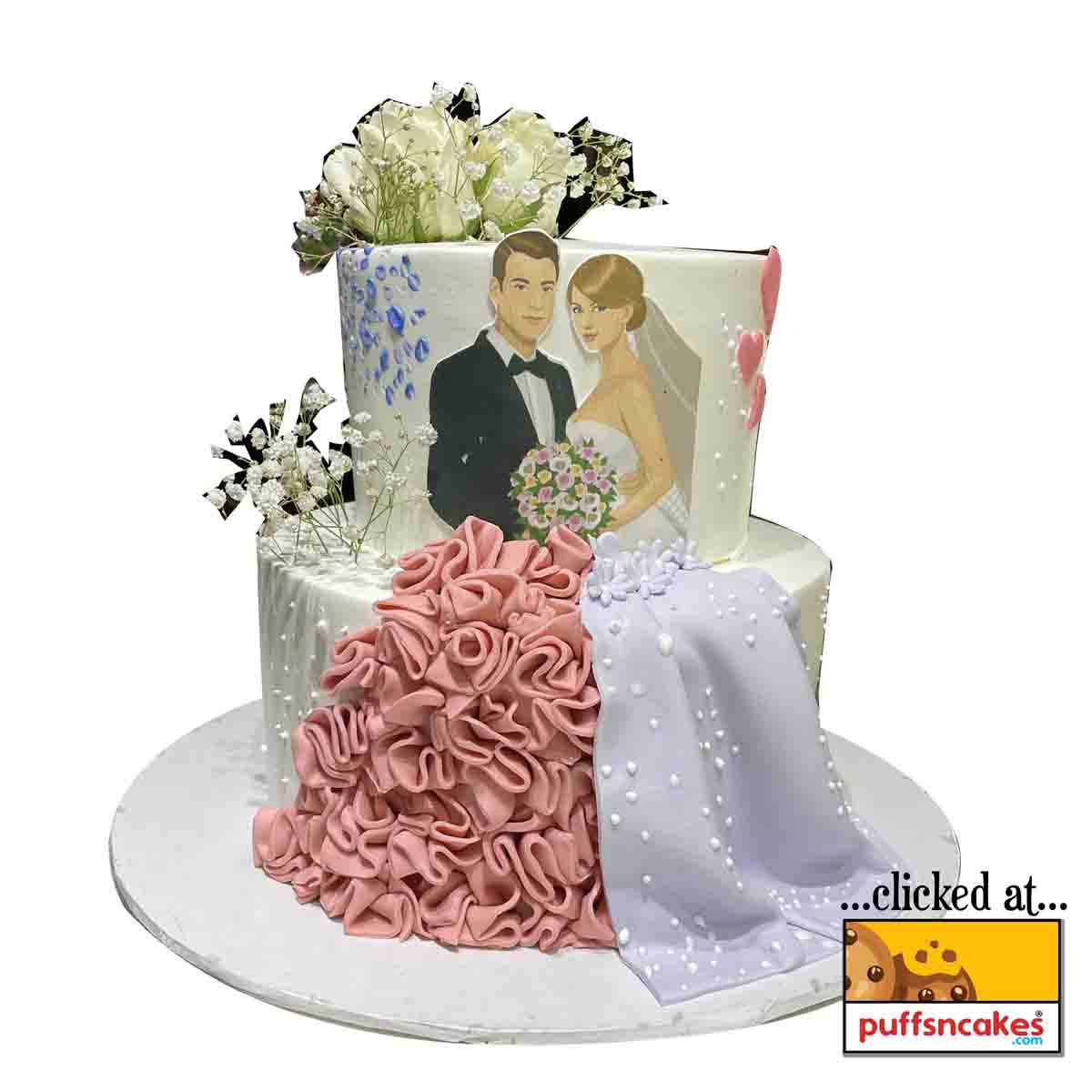 (1328) Wedding Theme Floral Couple Semi Fondant Cake